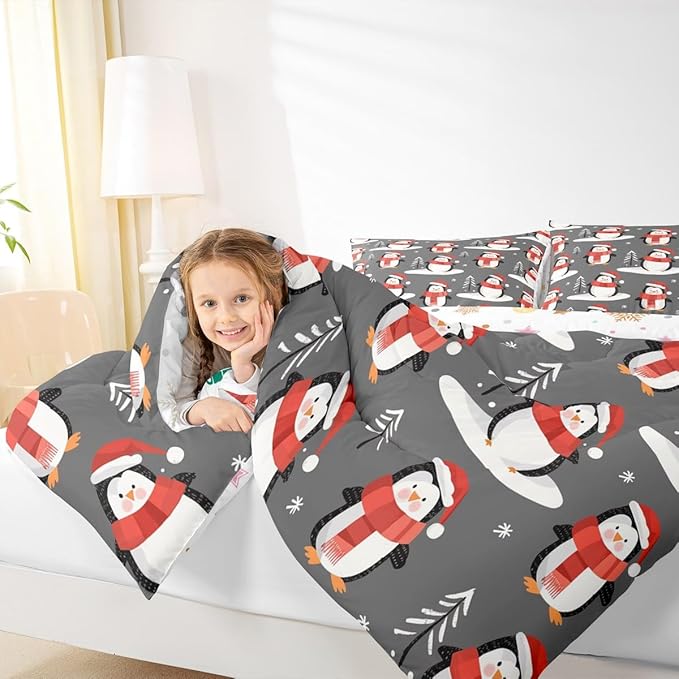 Feelyou Christmas Comforter Set All Season Penguin Bedding Set with 1 Pillow Cases Snowflake Microfiber Kids Toddler Bedclothes Pine Tree Bedroom Decor Duvet Quilt Breathable Soft Lightweight