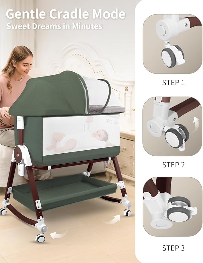 4 in 1 Baby Bassinet, Bassinets Bedside Sleeper with Wheels and Storage Basket, Adjustable 7 Heights Bedside Sleeper with Mosquito Net, Breathable Mesh Rocking Bassinet for Baby