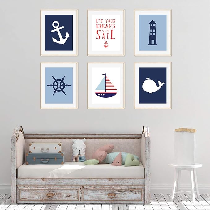 Andaz Press Ocean Nautical Sailor Theme Nursery Kids Bedroom Hanging Wall Art Decor, 8.5x11-inch, Navy Blue Theme, Boat, Anchor, Lighthouse, Whale, 6-Pack, Unframed Room Poster