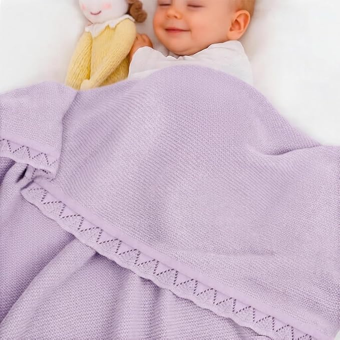 Baby Knit Blanket Soft Breathable Cotton Scallop Border Blankets Newborn Knitted Blanket Swaddle Blankets Gifts for Baby Newborn Toddler Shower Boy Girl New Mom Birthday Christmas Lilac 28x36
