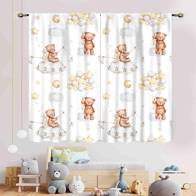 Cartoon Bear Curtains, Kids Boys Girls Cute Lovely Bear Star Cloud Ballon Pastel Window for Baby Living Room Bedroom Nursey Toddler Classroom 2 Panels, 84"x63" Inch
