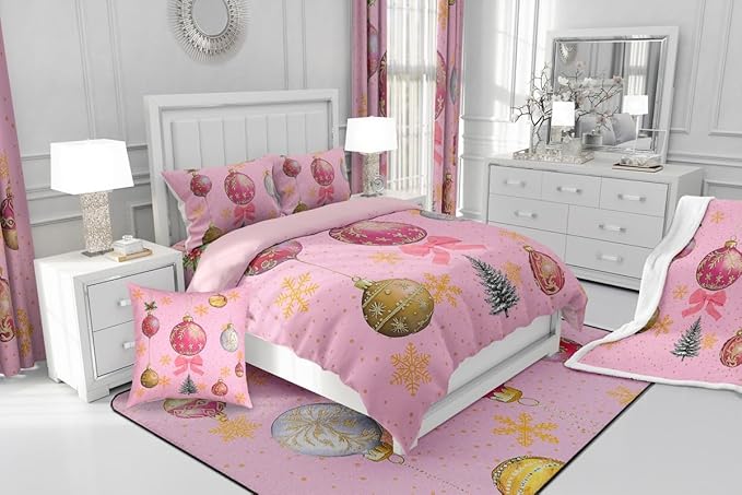 Erosebridal Merry Christmas Toddler Bedding Sets Xmas Tree Comforter Sets Kids Snowflake Happy New Year Down Comforter for Boys Girls Pink Bownot Decor Bed Set