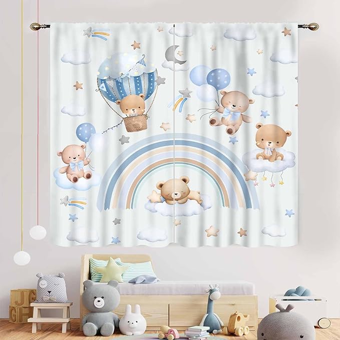 Bear Curtains for Kids Room, Baby Boys Girls Cute Lovely Bear Cloud Boho Rainbow Pastel Blue Window Drapery Treatments for Living Room Bedroom Nursey Toddler Classroom 2 Panels, 52"x84" Inch