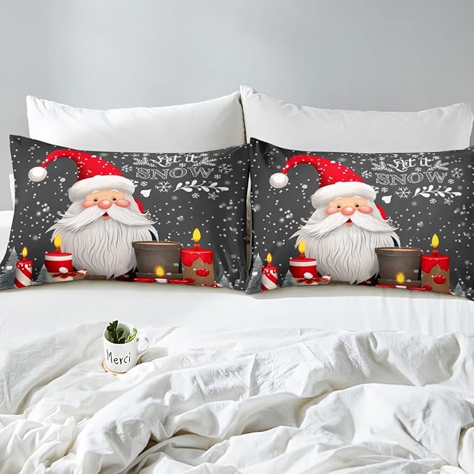 Christmas Duvet Cover Set Queen Size Santa Claus with Candles and Gift Boxes Print Bedding Set 3pcs for Kids Boys New Year Theme Comforter Cover Winter Snow Quilt Cover with 2 Pillowcases,No Comforter