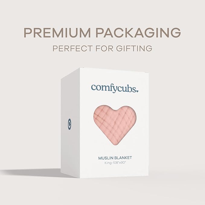 Comfy Cubs Muslin Blanket for Adults King 108" x 90" - 6 Layer Soft, Breathable & Lightweight Muslin Adult Blanket - Machine Washable & Designed in The US Bedding for All Seasons - Blush