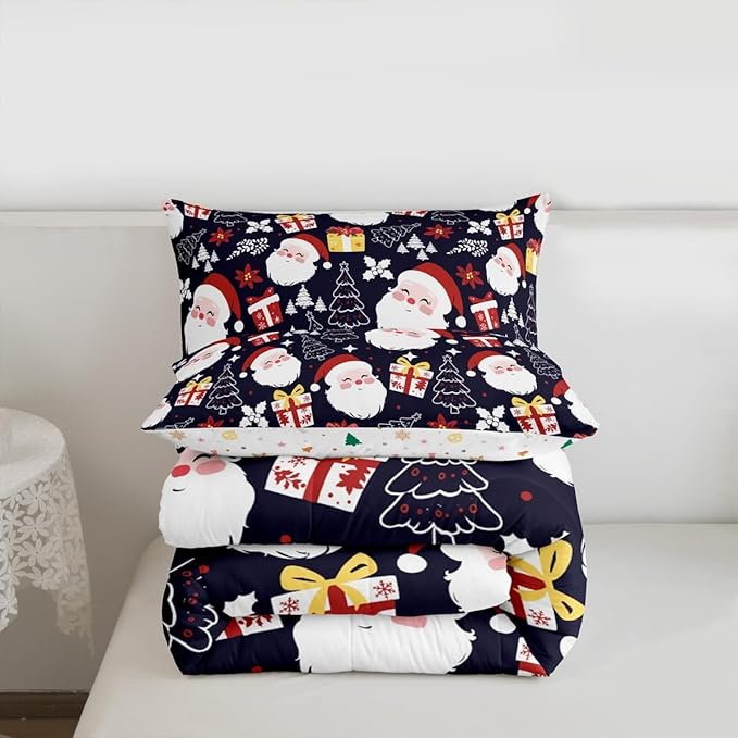 jejeloiu Santa Claus Comforter Set Toddler Size Merry Christmas Bedding Set for Kids Boys Girls Xmas Themed Duvet Quilt Dark Blue Bedroom Decor