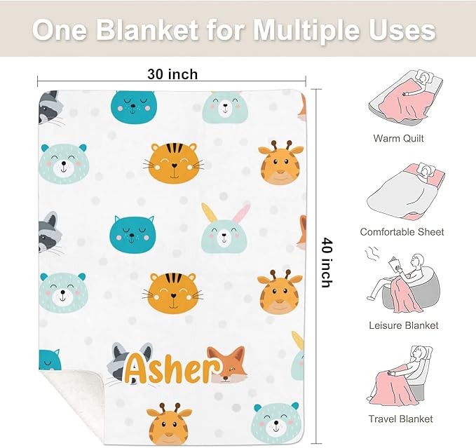 Cute Animal Rabbit Fox Personalized Receiving Sherpa Fleece Baby Blankets for Girls Boys Kids, Swaddle Blankets Gift for Newborn Crib Infants 30x40 Inches