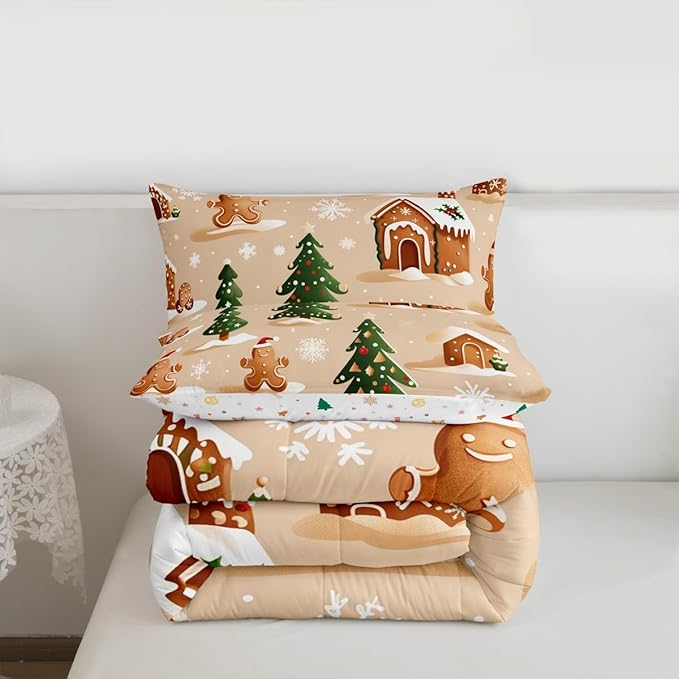 Feelyou Christmas Bedding Set Soft for Boys Girls, Gingerbread Man Comforter Set Queen Size Snowflake Duvet Quilt Microfiber Xmas Tree Bedroom Decor 3 Pcs with 2 Pillow Cases
