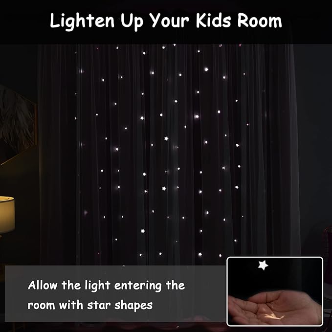 Kinryb Star Cutout Blackout 95 Inches Curtains Double Layer with Sheer Overly Curtains for Bedroom Thermal Insulated Window Treatment Set with 2 Free Tiebacks (52W x 95L 2 Panels Purple)