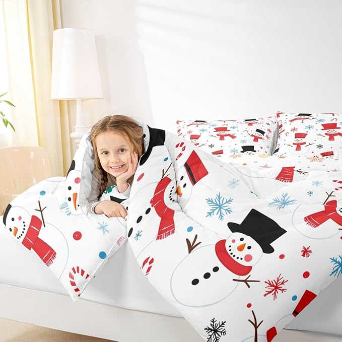 Feelyou Merry Christmas Comforter Set All Season Snowman Bedding Set with 2 Pillow Cases Winter Holiday Microfiber Kids Queen Bedclothes New Year Gift Bedroom Decor Duvet Quilt Soft Lightweight