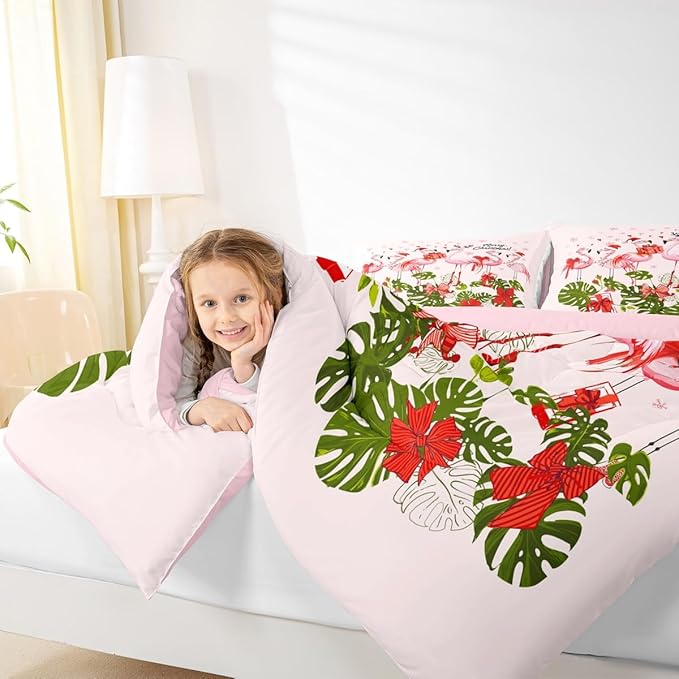 Merry Christmas Comforter Set Twin Size,Pink Flamingo Cartoon Bird Animal Bedding Set for Kids Boys Men,Winter Snowflake Green Leaves Quilted Duvet Set with 1 Pillowcase