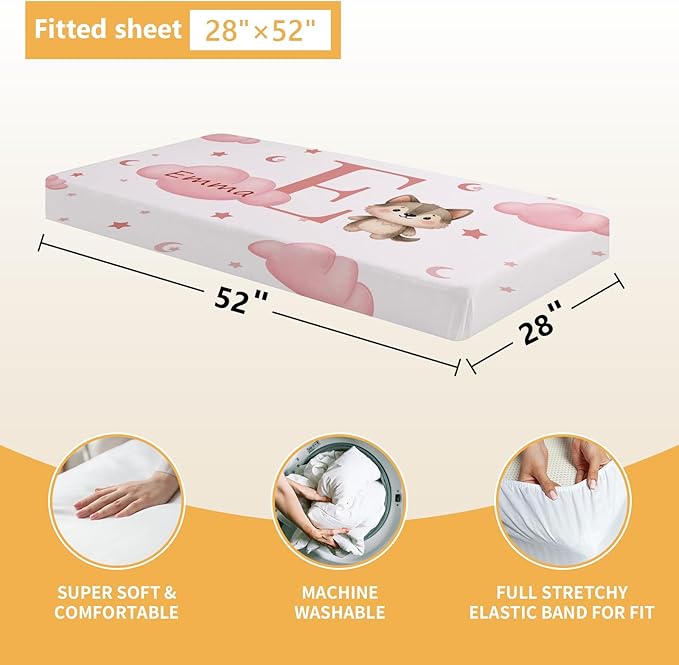 Personalized Crib Bedding Set, 5 Pcs Custom Nursery Bedding Sets with Name, Infant Bedding Set for Baby Girls Boys, Pink Fox Double Layer Baby Crib Set, Toddlers Babies Kids Customized Gifts