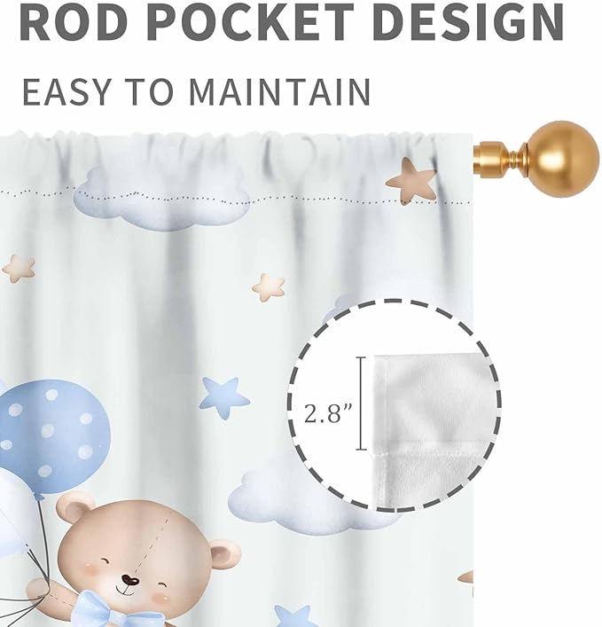 Bear Curtains for Kids Room, Baby Boys Girls Cute Lovely Bear Cloud Boho Rainbow Pastel Blue Window Drapery Treatments for Living Room Bedroom Nursey Toddler Classroom 2 Panels, 84"x63" Inch
