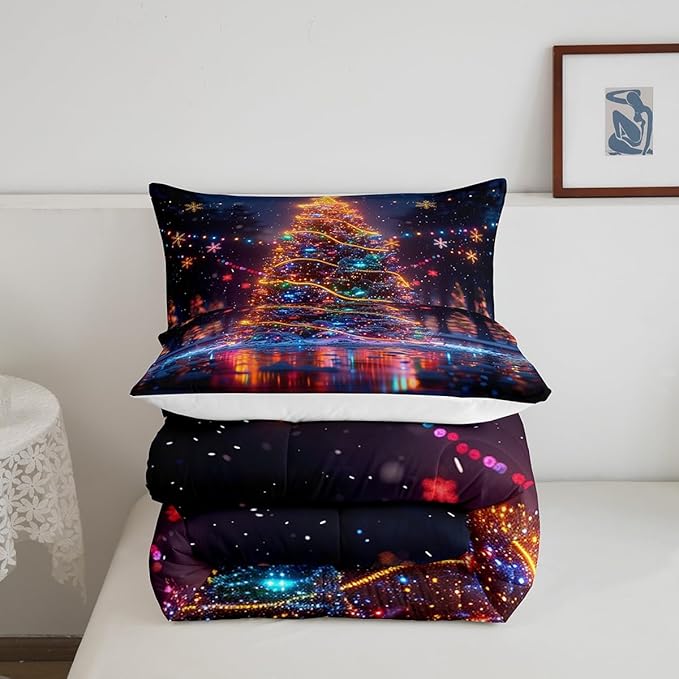 3D Christmas Tree Comforter Set King Size,Snowflake Glitter Polka Dot Duvet Insert for Kids Boys Girls Room Decor,Merry Christmas Bedding Set 3Pcs,Xmas Neon Style Fashion Quilt Set,2 Pillowcases