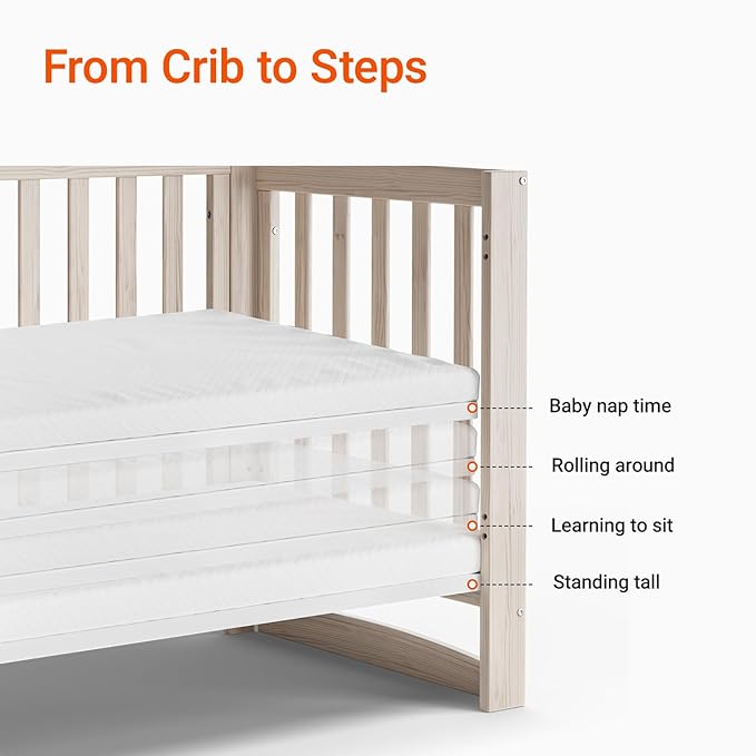 MAMAZING EvoNest Baby Crib, 6 in 1 Convertible Mini Crib with Wheels, 100% New Zealand Wood Growing Bed, 4 Adjustable Mattress Height, GREENGUARD Gold Certified, Wahsed Natural