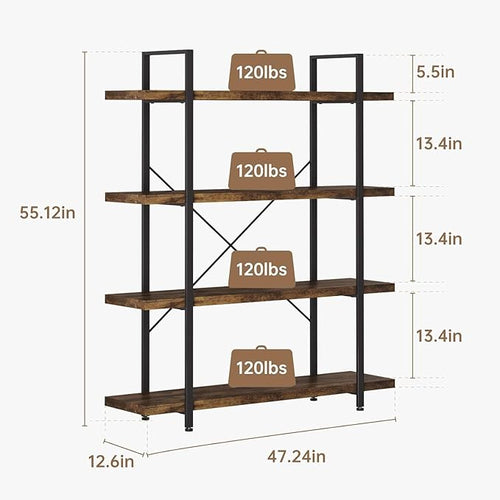 4 Tier Bookcase, 47 Inch Wide Wood Bookshelf, 120lbs Shelf Capacity, Rustic Open Shelving Industrial Display with Reinforced Horizontal Brown Shelves for Living Room Bedroom Office 2 Set