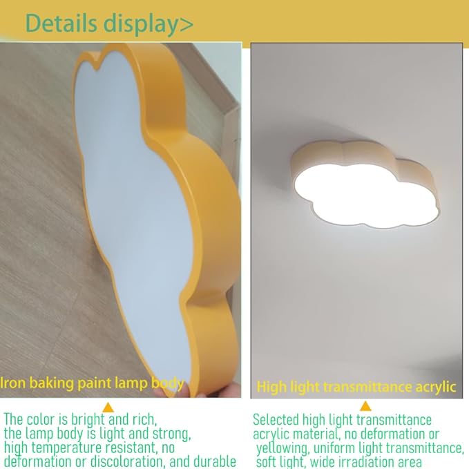 Cloud Shape LED Ceiling Light for Kids Room, 58cm/22inch, 48W, Yellow, with Remote Control 4 Color Temperatures, Eye Protection Bedroom Study/Nursery Ceiling Light
