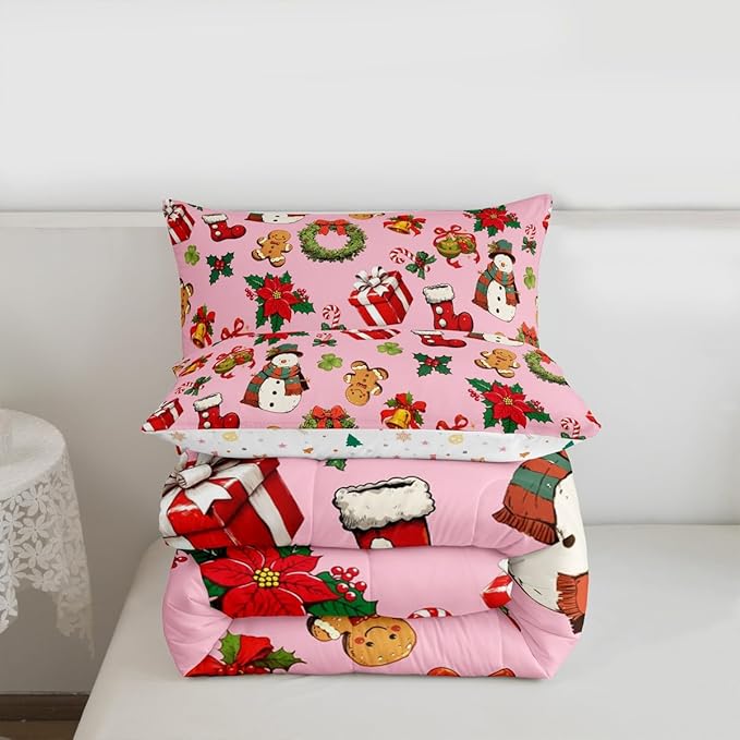jejeloiu Merry Christmas Comforter Set Full Size Cute Snowman Bedding Set for Kids Boys Girls Gingerbread Man Duvet Quilt Pink Bedroom Decor