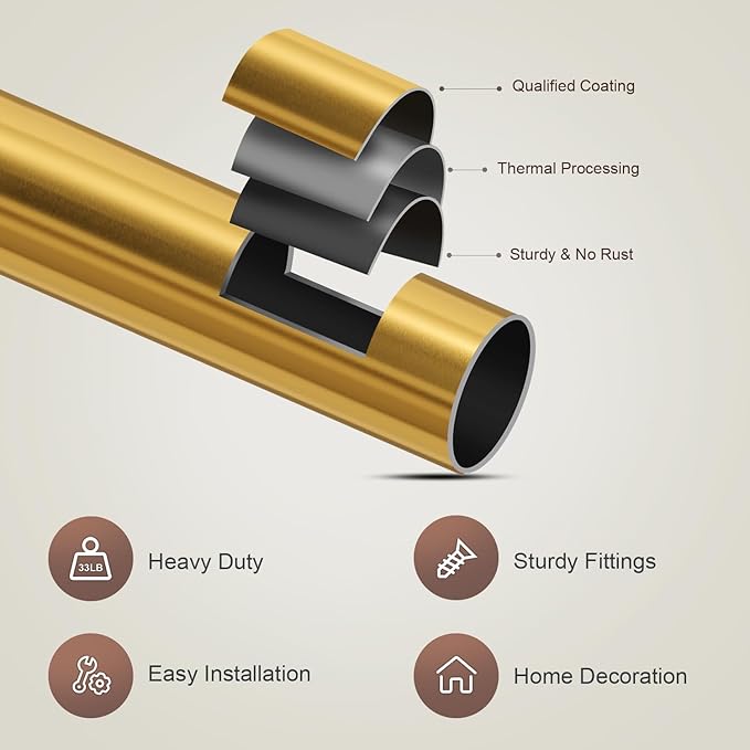 Gold Curtain Rods for Windows 48 to 84 Adjustable Modern Curtain Rod 1 inch Diameter Heavy Duty with Solid Metal Finials for Living Room Bedroom Farmhouse Outdoor Patio
