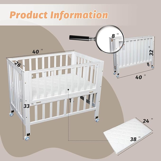 Folding Wood Bedside Bassinet - Portable 4-in-1 Baby Bassinet with Breathable Mattress,3 Heights Baby Crib with Wheels,Mini Crib for Infant Newborn and Small Space,White