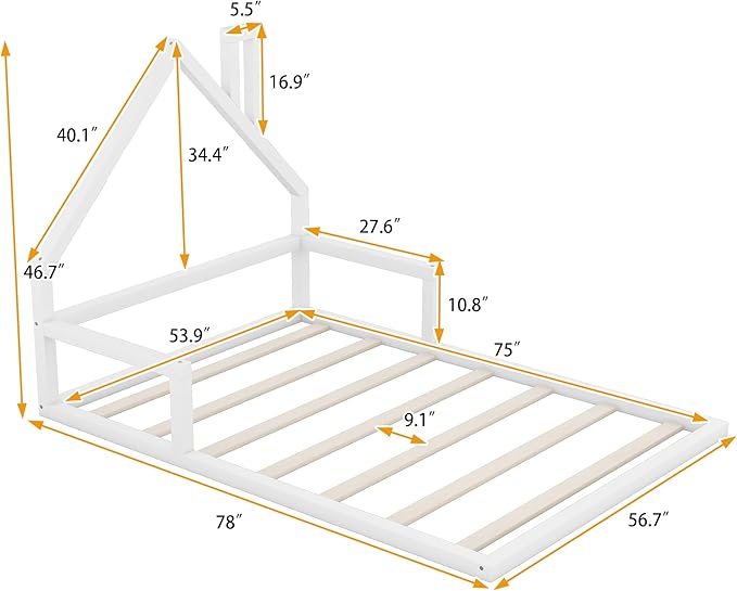 Harper & Bright Designs Full Size Floor House Bed, Montessori Floor Bed for Kids, Solid Wood Low Bed Frame for Bedroom, Playroom, Wooden Slats Support, White