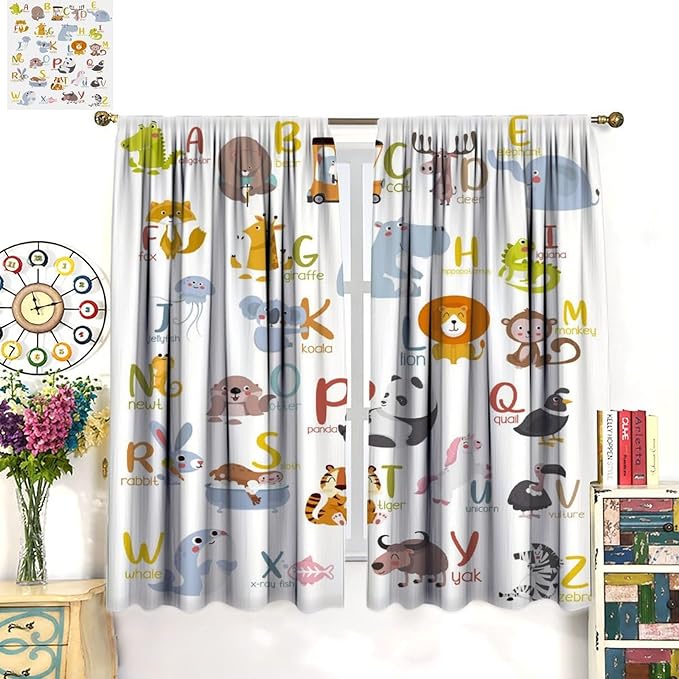 Kids Alphabet Curtains Funny Cartoon Educational Learning Cute Animal Zebra Curtain with Rod Pocket for Bedroom Living Room Decor Drapes Window Treatments 2 Panels Set 52" W X 84" L
