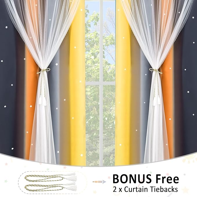 Kinryb Nursery/Kids/Girls Room Star Cut Out Blackout Rainbow Curtain with Sheer Overlay 2 Panels, Each 52 inch Wide,108 inch Length with White Gauze,Ombre Stripe Rainbow Curtains (2 Pcs,52x108 Inch)