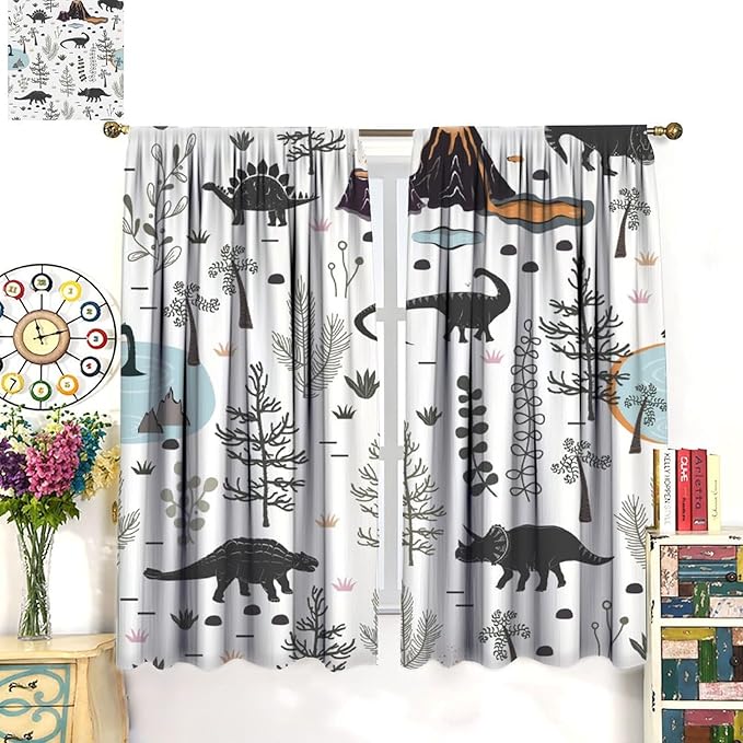 Funny Dinosaur Curtains Cute Dino Cartoon Animals Abstract Aesthetics Art Print for Kids Girls Boys Bedroom Living Room Rod Pocket Decoration Window Drapes 2 Panels W31.5xL63in