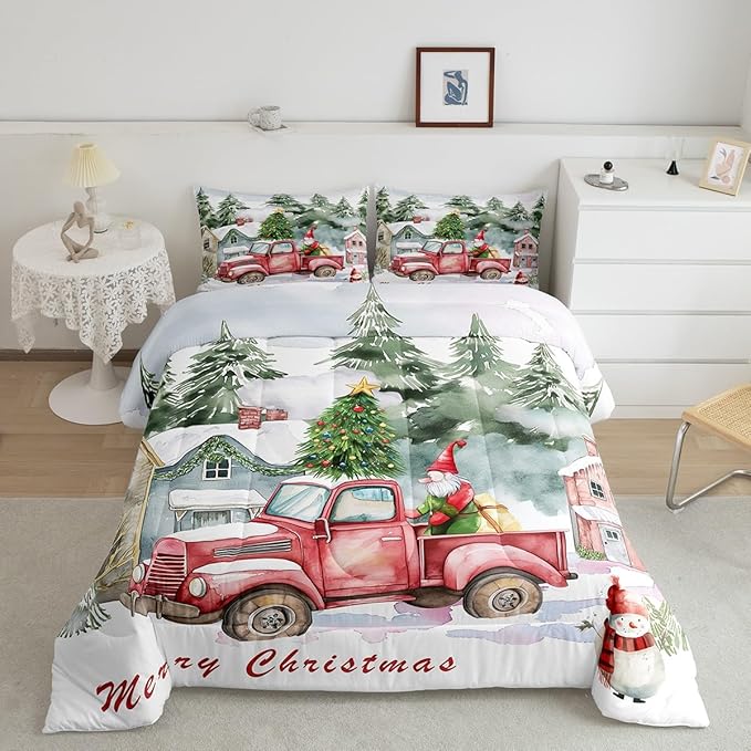 Red Old Truck Comforter Set King Size,Christmas Tree Gnome Duvet Insert for Kids Boys Girls Room Decor,Snowman Winter Rustic Style Bedding Set 3Pcs,Merry Christmas Retro Quilt Set,2 Pillowcases