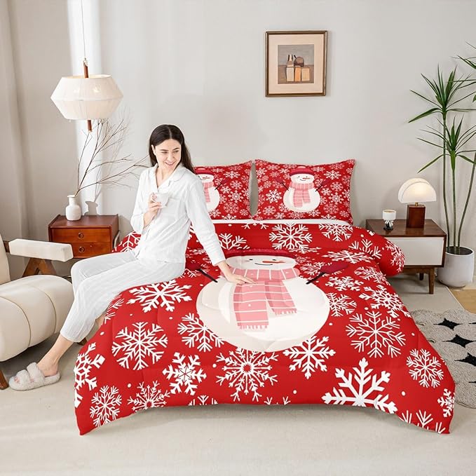 Feelyou Christmas Comforter Set All Season Snowman Red Bedding Set with 1 Pillow Cases Xmas Snowflakes Microfiber Kids Twin Bedclothes Winter Snow Bedroom Decor Duvet Quilt Breathable Soft Lightweight
