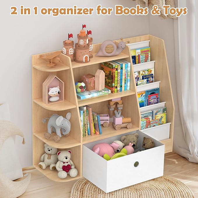 Kids Bookshelf and Toy Storage,4 Tier Wooden Kids Book Shelf,Large Childrens Bookshelf with Drawers,Open Bookcase & Storage Organizer Boxes for Nursery,Playroom, Bedroom,Burlywood