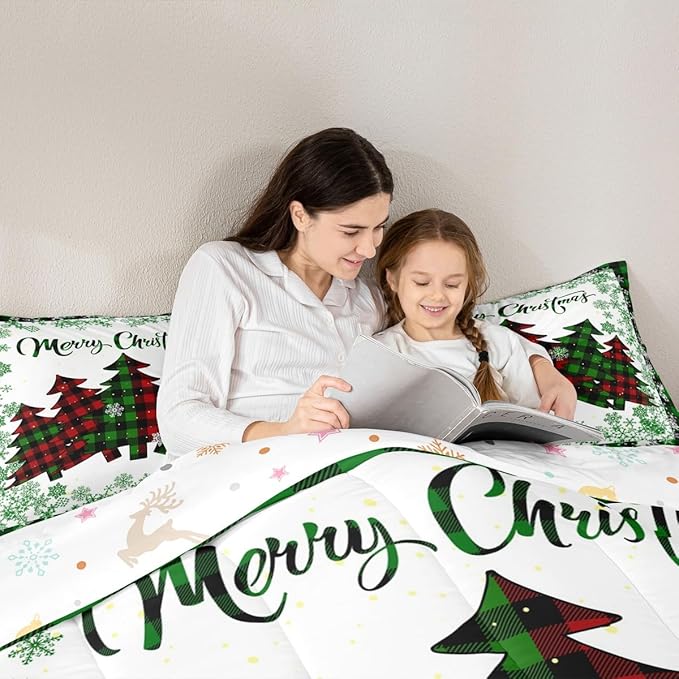 Castle Fairy Christmas Comforter Set King Size,Pine Trees Green Snowflake Glitter Shiny Bedding Set All Season Quilt Set,Winter Festival Plaid Checkered Microfiber Polyester Down Comforter