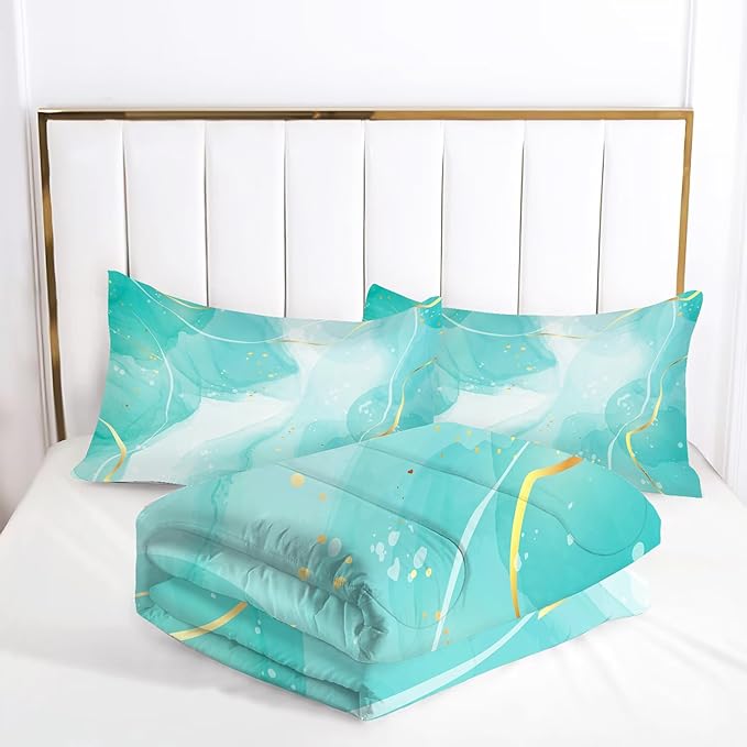 Teal Twin Bedding Set: Aqua Teal Marble Comforter Set for Teens Girls Women Abstract Cyan Blue Quilts Green and Gold Glitter Marbling Bed Sets 1 Comforter & 1 Pillow Case