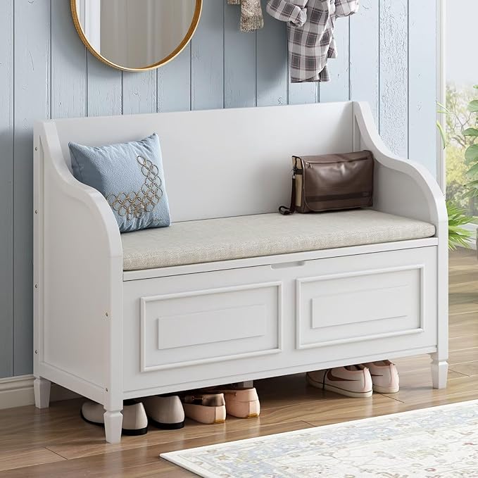 Merax Storage Bench, 41.9” Solid Wood Storage Chest with Backrest and Safety Hinge, Large Storage Space Bench with Upholstered Cushions,Supports 250 lb and Easy Assembly for Small Space, White