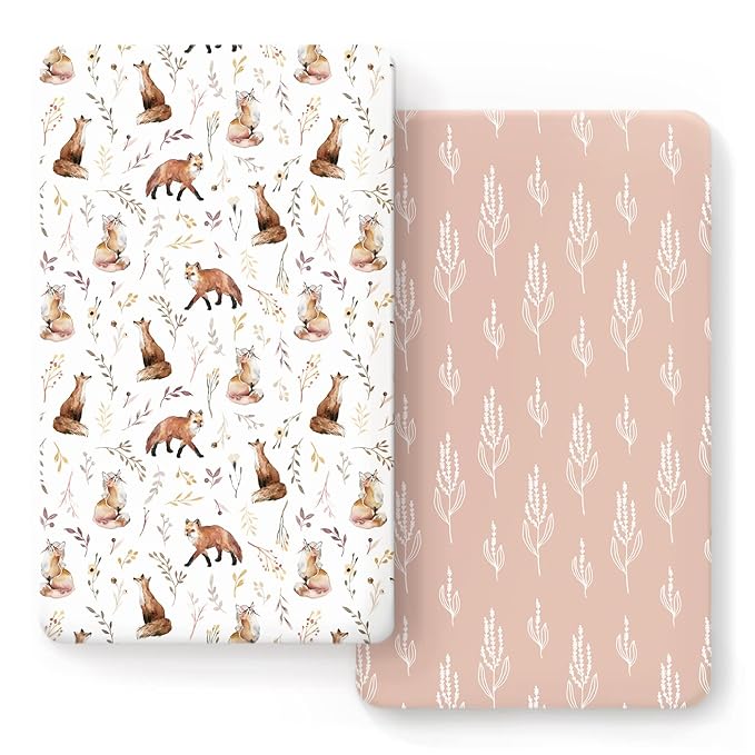 Stretch Ultra Soft Jersey Knit Fitted Crib Sheets Set 2 Pack，Fits All Standard Crib Mattress Pads Safe and Snug, Crib Fitted Sheet for Baby, Pretty Fox for Girls