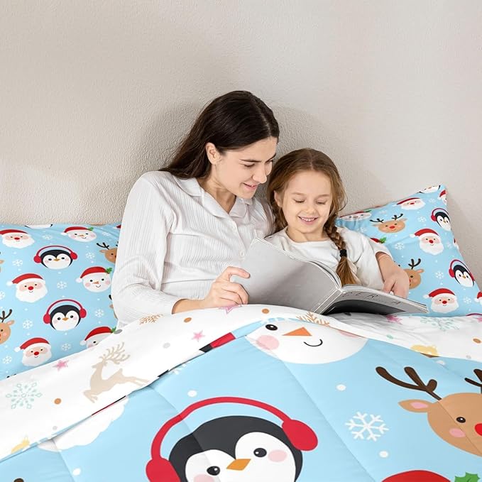 Feelyou Merry Christmas Comforter Set All Season Santa Claus Bedding Set with 2 Pillow Cases Deer Penguin Microfiber Kids King Bedclothes Snowman Bedroom Decor Duvet Quilt Breathable Soft Lightweight