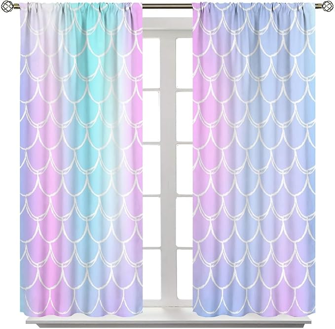 Fantasy Mermaid Curtain Rainbow Mermaid Scales Purple Pink Blue Ocean Theme Dream Blackout Window Treatment for Kids Boys Girls Bedroom Nursery Room Decor Rod Pocket Window Drapes 63x63in