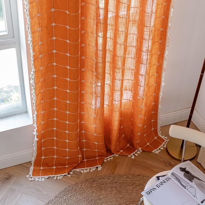 Deeprove Boho Curtains 63 Inches Long for Bedroom Living Room, Cotton Linen Plaids Textured Semi Blackout Bohemian Farmhouse Fall Window Treatment Grids Drape Tassels, 1 Panel W52 x 63, Burnt Orange