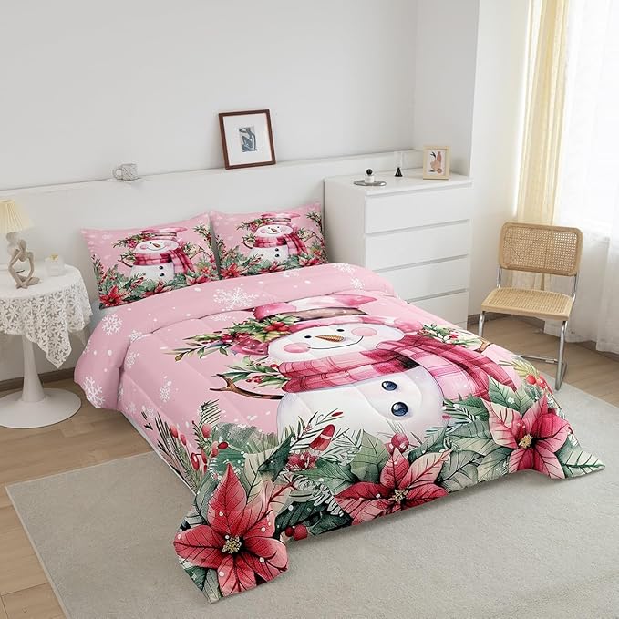 Manfei Xmas Snowman Comforter Set Twin Size, Leaves Flower Snowflake Down Comforter with 1 Pillowcase, Christmas Pink Bedding Set 2pcs for Kids Boys Girls Room Decor Lightweight Duvet Insert