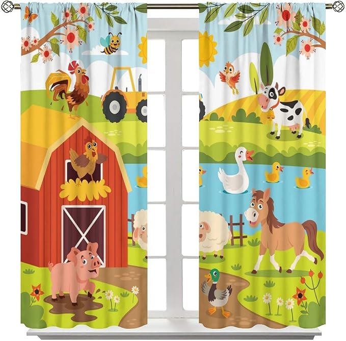 Farmhouse Curtains, Farm Scene Cartoon Animals Pattern Blackout Window Treatments, Rod Pocket Thermal Insulated Drapes 2 Panel Sets for Children Boys Bedroom Nursery Classroom, 63" W X 72" L