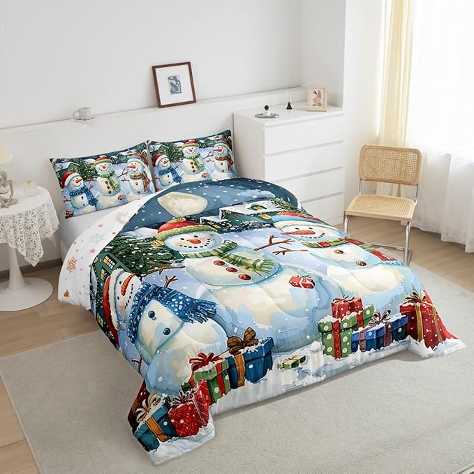 jejeloiu Kids Snowman Comforter Set Queen Size Countryside Christmas Theme Bedding Set for Boys Girls Teens Xmas Tree Snowflake Winter Happy New Year Duvet Quilt Room Decor