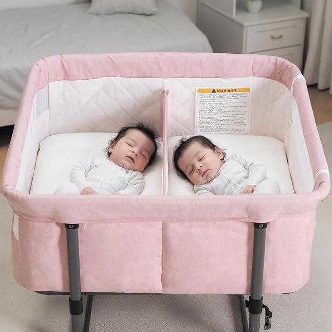 MTWML Twin Bassinet for 2 Babies,Portable Twins Crib with Storage Bag and Replaceable Mattress Cover,Adjustable Height Double Bedside Crib Attaches to Bed with Strap for 0-6 Months (Pink)