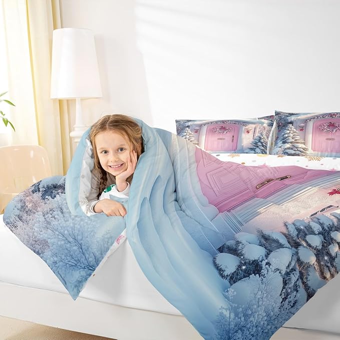 Feelyou Merry Christmas Kids Comforter Set Queen Size Winter Snowscape Bedding Set Pink Door Duvet Quilt for Kids Boys Girls Bedroom Garland Xmas Tree Decor Microfiber Ultra Soft Breathable