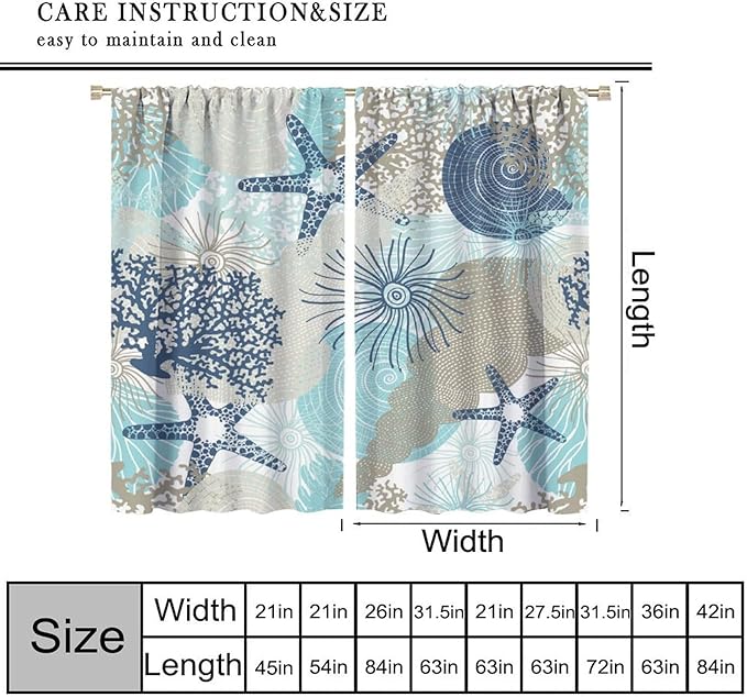 Shell Blackout Curtains Beach Shells Marine Life Water Grass Pattern Printed Curtains Suitable for Living Room Bedroom Privacy Curtains 63x72 Inches