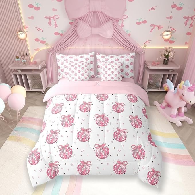 7 Pieces Bow Tie Princess Comforter Queen,Western Cowgirl Disco Crystal Ball Dreamy Bedding Set,Star Bowknot Patchwork Romantic Pink（Comforter+Fitted+Flat Sheet+2 Pillowcases+2 Throw Pillow Covers）