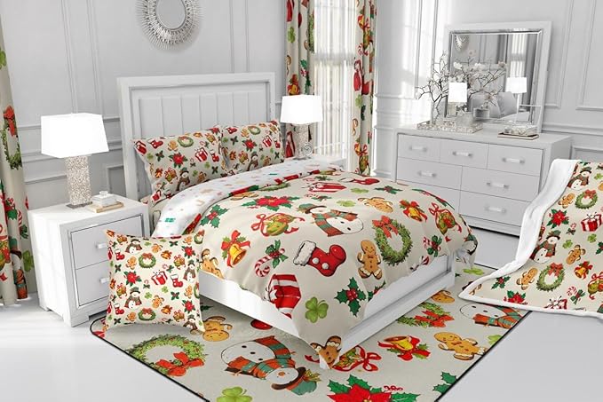 jejeloiu Merry Christmas Comforter Set Toddler Size Cute Snowman Bedding Set for Kids Boys Girls Gingerbread Man Duvet Quilt Beige Bedroom Decor