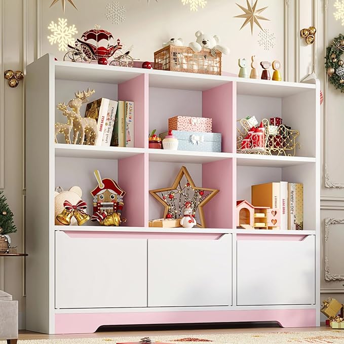 Kids Bookshelf and Toy Organizer, 2 Tier Kids Book Shelf for Kid Rooms with 2 Doors, 6 Cubes Storage Organizer,Wood Children Bookcase,Freestanding Toddler Book Display Shelf for Playroom WhitePink