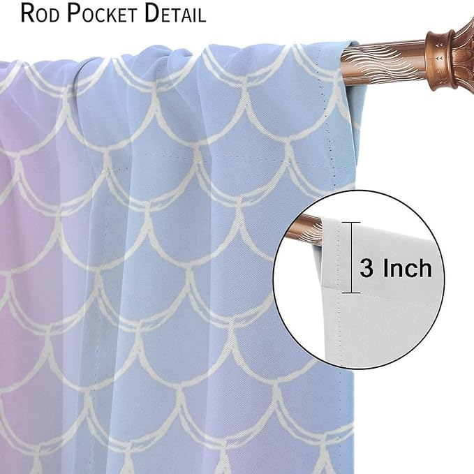 Fantasy Mermaid Curtain Rainbow Mermaid Scales Purple Pink Blue Ocean Theme Dream Blackout Window Treatment for Kids Boys Girls Bedroom Nursery Room Decor Rod Pocket Window Drapes 52x84in
