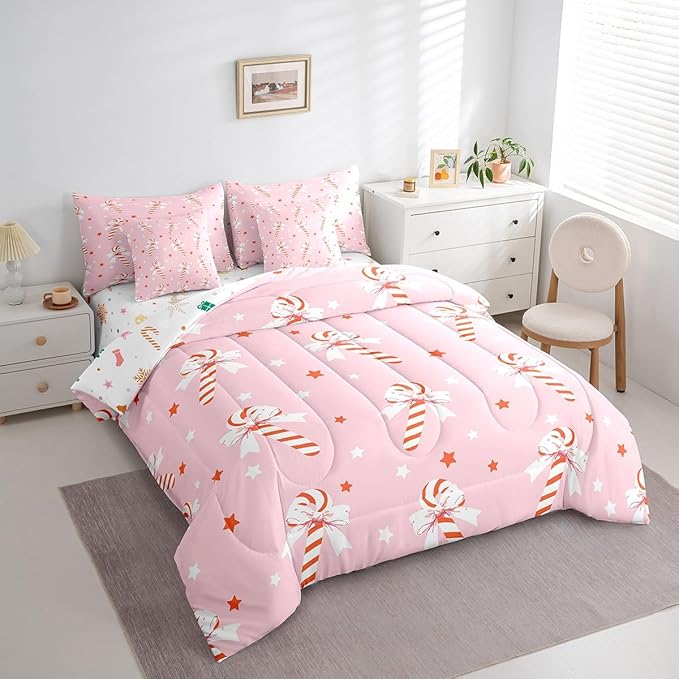 Feelyou Pink Christmas Girly Comforter Set with Sheets Kids Christmas Bowknot Bedding Set Boys Girls Bow Candy Decor Bed in a Bag Xmas Theme Bed Set Bedroom Twin Size