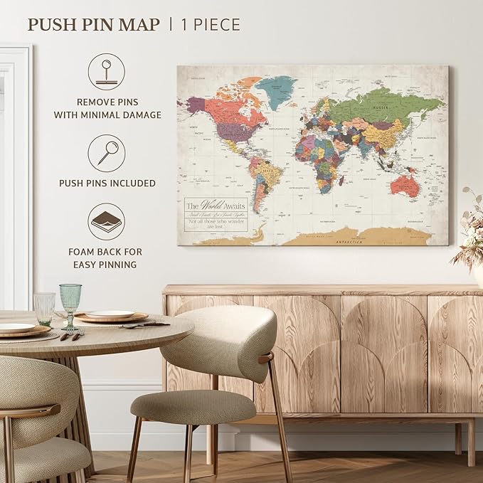 ElephantStock - Personalized World Awaits II Push Pin World Map Wall Art - Horizontal Canvas Wall Art - Living Room Wall Decor - Digital Art Map Canvas Art - Green And Beige Decor - 48" x 32"